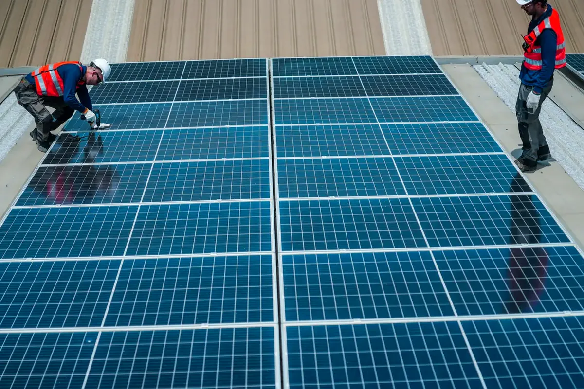Instaladores montando placas solares en la cubierta de una nave industrial de Guadalajara